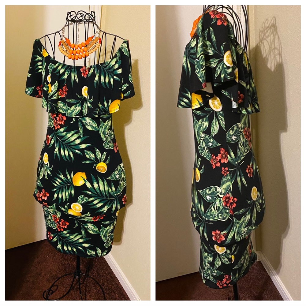 Meli & Eve tropical dress. on/off the shoulders.